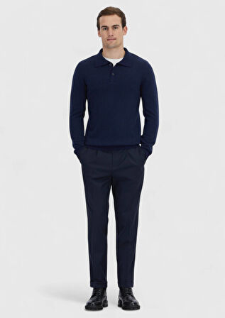 Lacivert Polo Yaka Düz Örgü Triko Kazak