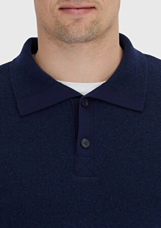 Lacivert Polo Yaka Düz Örgü Triko Kazak