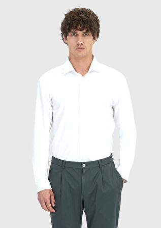 Beyaz Düz Regular Fit Casual Pamuk Karışımlı Gömlek