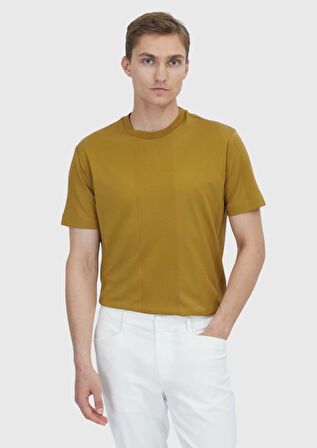 Yağ Yeşili Jakarlı Bisiklet Yaka %100 Pamuk T-Shirt