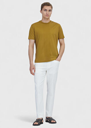 Yağ Yeşili Jakarlı Bisiklet Yaka %100 Pamuk T-Shirt