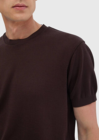 Kahverengi Jakarlı Bisiklet Yaka %100 Pamuk T-Shirt