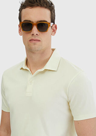 Ekru Düz Polo Yaka %100 Pamuk T-Shirt