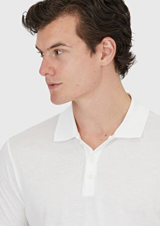 Beyaz Düz Polo Yaka Pamuk Karışımlı T-Shirt