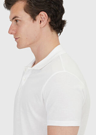 Beyaz Düz Polo Yaka Pamuk Karışımlı T-Shirt