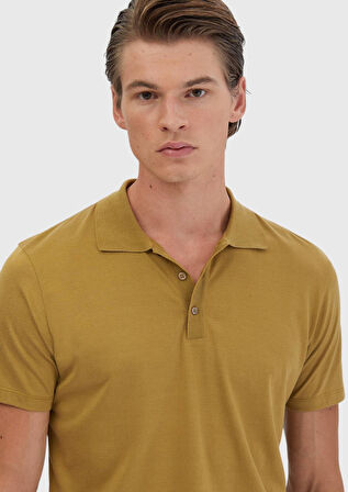 Yağ Yeşili Düz Polo Yaka Pamuk Karışımlı T-Shirt