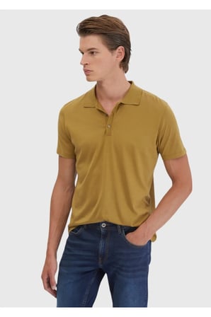 Yağ Yeşili Düz Polo Yaka Pamuk Karışımlı T-Shirt
