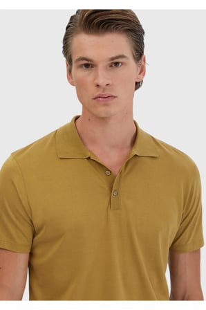 Yağ Yeşili Düz Polo Yaka Pamuk Karışımlı T-Shirt