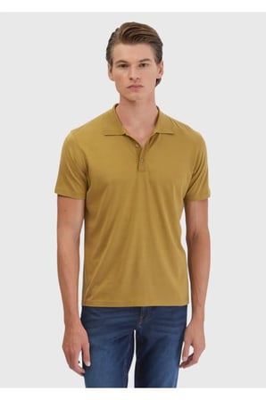 Yağ Yeşili Düz Polo Yaka Pamuk Karışımlı T-Shirt