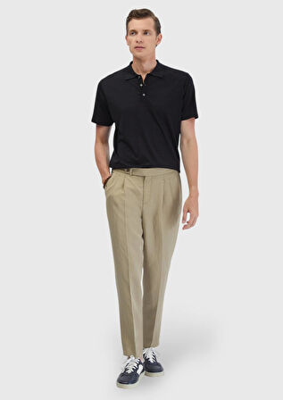 Siyah Düz Polo Yaka Pamuk Karışımlı T-Shirt