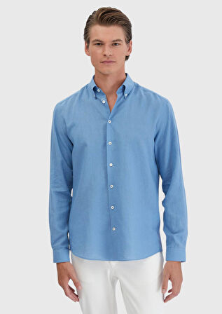 Mavi Düz Casual Fit Dokuma Casual Pamuk Karışımlı Gömlek