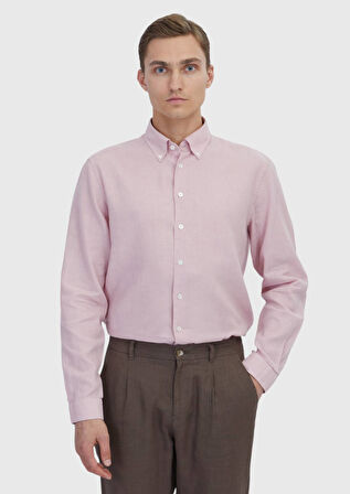 Pembe Düz Casual Fit Dokuma Casual Pamuk Karışımlı Gömlek