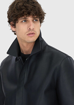 Siyah Regular Fit Gömlek Yaka Casual Koyun Derisi Deri Mont