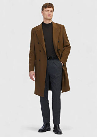 Yağ Yeşili Regular Fit Kruvaze Yaka Casual Dokuma Palto