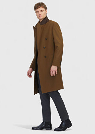 Yağ Yeşili Regular Fit Kruvaze Yaka Casual Dokuma Palto