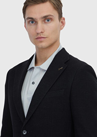 Siyah Düz Shirt Shoulder Slim Fit Pamuk Karışımlı Örme Ceket