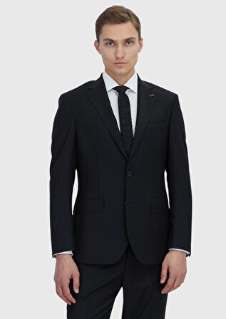 Siyah Düz Modern Fit Yün Karışımlı Takım Elbise