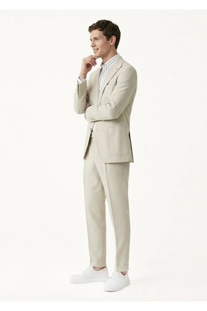 Bej Düz Zeroweight Slim Fit %100 Keten Takım Elbise