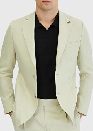 Bej Düz Zeroweight Slim Fit %100 Keten Takım Elbise