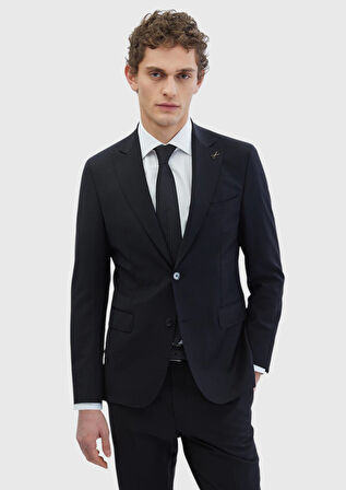 Siyah Düz Zeroweight Slim Fit Yün Karışımlı Takım Elbise