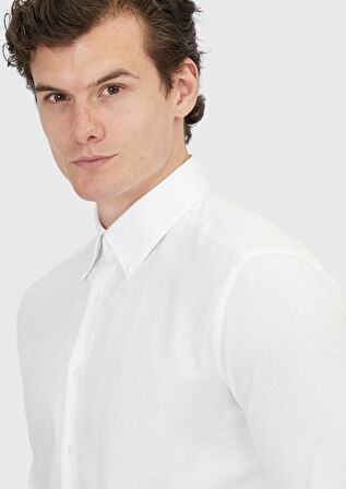 Beyaz Düz Regular Fit Dokuma Klasik Pamuk Karışımlı Gömlek