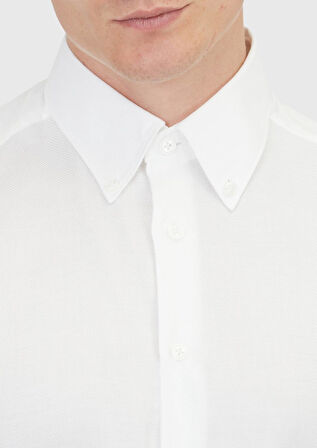 Beyaz Düz Regular Fit Dokuma Klasik Pamuk Karışımlı Gömlek