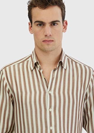 Kahverengi Çizgili Casual Fit Dokuma Casual Gömlek