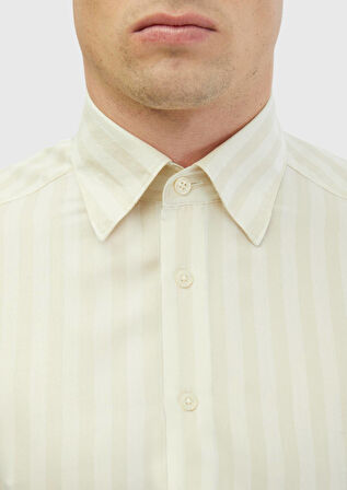 Ekru Çizgili Casual Fit Dokuma Casual Gömlek