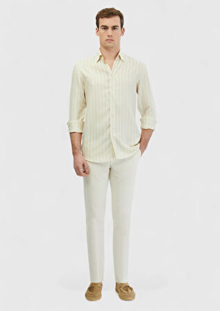 Ekru Çizgili Casual Fit Dokuma Casual Gömlek