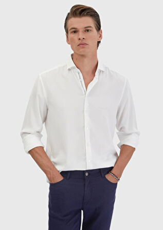 Beyaz Düz Casual Fit Dokuma Casual Gömlek