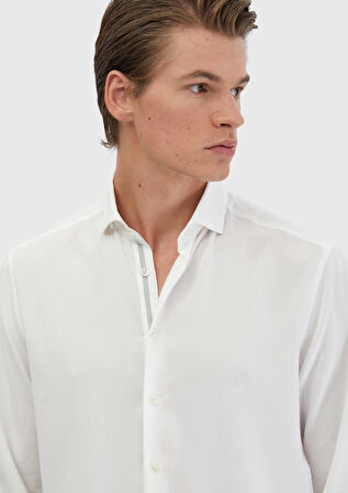 Beyaz Düz Casual Fit Dokuma Casual Gömlek