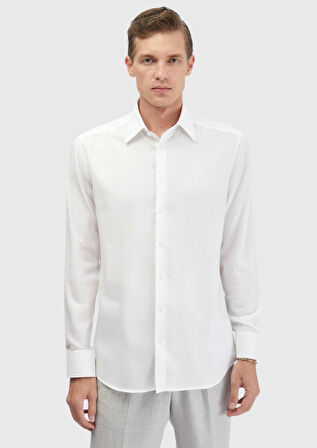 Beyaz Düz Regular Fit Dokuma Klasik Pamuk Karışımlı Gömlek