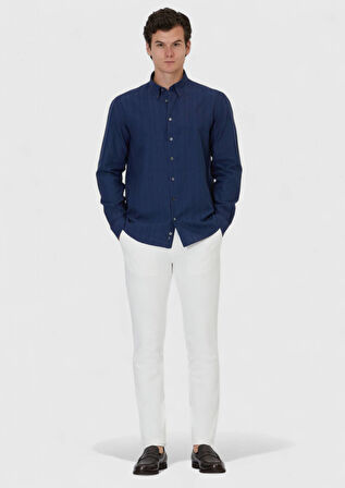 Lacivert Düz Casual Fit Dokuma Casual Pamuk Karışımlı Gömlek