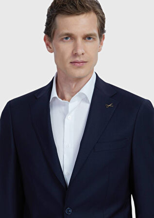 Lacivert Düz Modern Fit Yün Karışımlı Takım Elbise