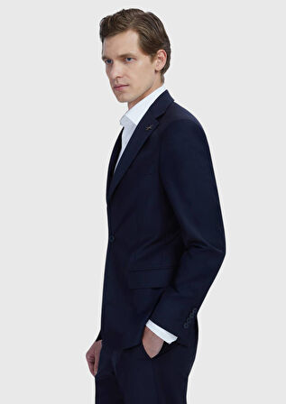 Lacivert Düz Modern Fit Yün Karışımlı Takım Elbise