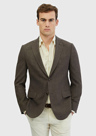 Kahverengi Desenli Regular Fit İpek Karışımlı Ceket