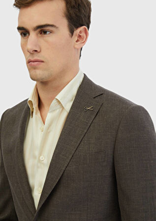 Kahverengi Desenli Regular Fit İpek Karışımlı Ceket