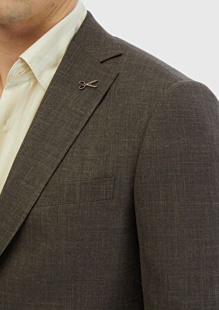 Kahverengi Desenli Regular Fit İpek Karışımlı Ceket