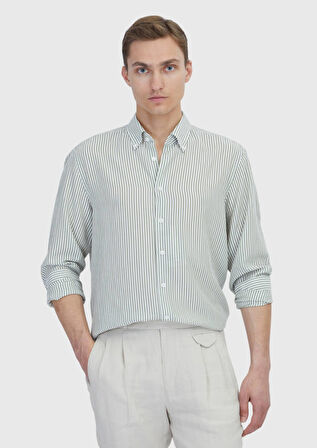Açık Yeşil Çizgili Casual Fit Dokuma Casual Gömlek