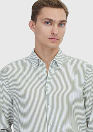 Açık Yeşil Çizgili Casual Fit Dokuma Casual Gömlek