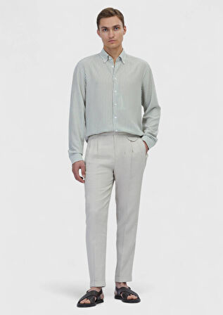 Açık Yeşil Çizgili Casual Fit Dokuma Casual Gömlek