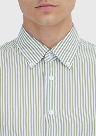 Açık Yeşil Çizgili Casual Fit Dokuma Casual Gömlek