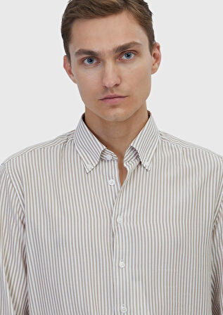 Bej Çizgili Casual Fit Dokuma Casual Gömlek
