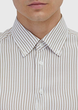 Bej Çizgili Casual Fit Dokuma Casual Gömlek