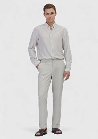 Bej Çizgili Casual Fit Dokuma Casual Gömlek