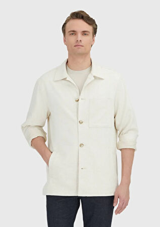 Bej Düz Casual Fit Dokuma Pamuk Karışımlı Overshırt