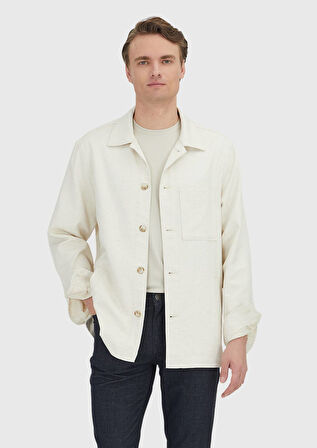 Bej Düz Casual Fit Dokuma Pamuk Karışımlı Overshırt