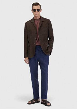 Kahverengi Düz Shirt Shoulder Slim Fit %100 Keten Ceket