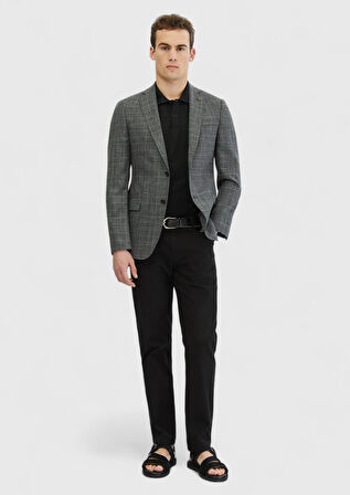 Koyu Gri Desenli Regular Fit İpek Karışımlı Ceket