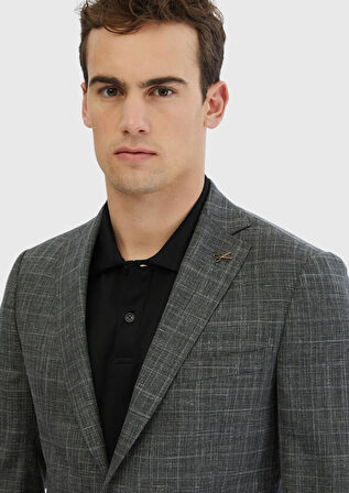 Koyu Gri Desenli Regular Fit İpek Karışımlı Ceket